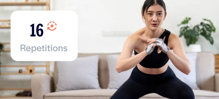 Woman exercises with the number of repetitions being tracked automatically and displayed in front of her