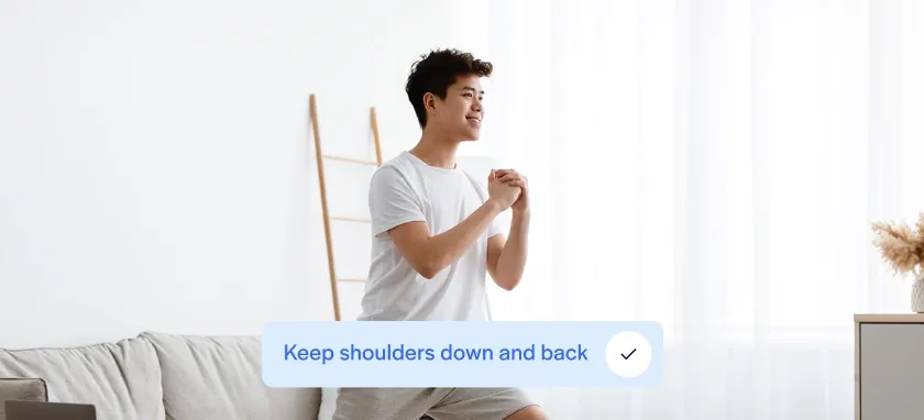Person receiving postural feedback while doing a bulgarian squat at home (mobile view)