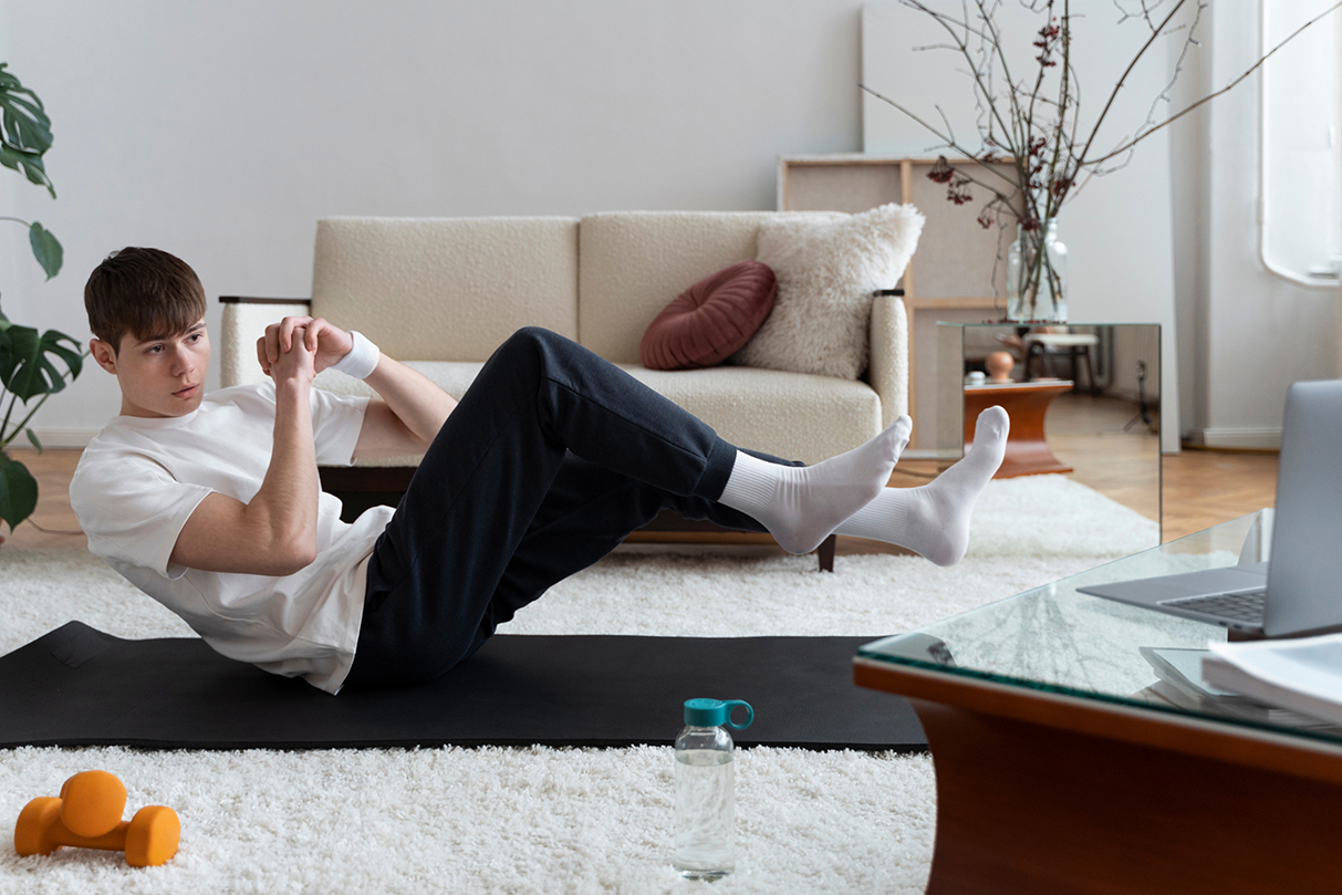 person doing a home workout in the living room